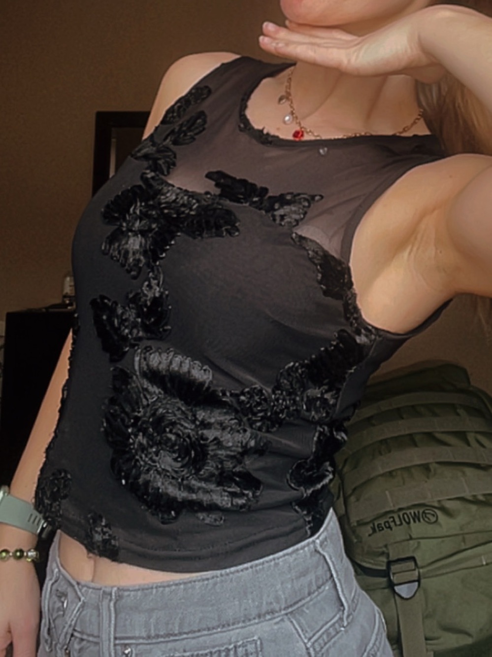 Sheer Black Embroidered Mesh Tank Top